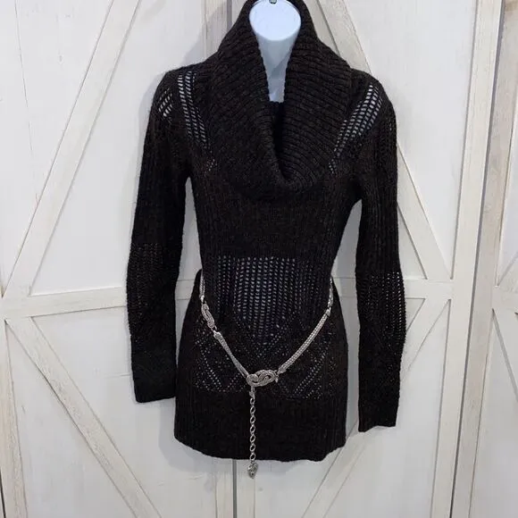 Moda International Brown Cowl Neck Semi Sheer Thick Knit Sweater Dress