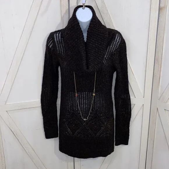 Moda International Brown Cowl Neck Semi Sheer Thick Knit Sweater Dress