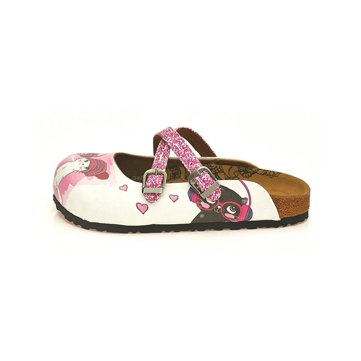 Pink and White Colored Silvery, We are Happy Written, Black and White Cat Patterned Clogs - WCAL128