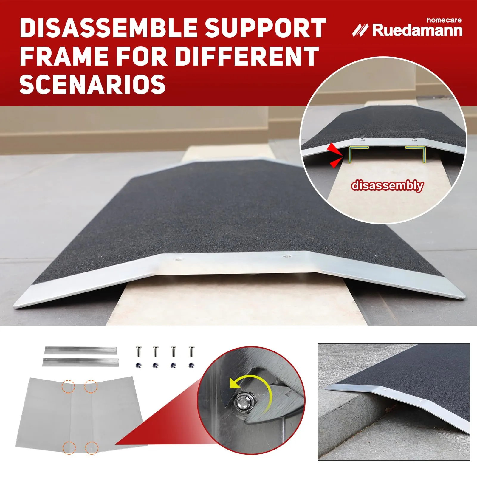 Ruedamann®   27.6" W x 1" H  Bridge Threshold Ramp with Supporting Frame Non-Slip Wheelchair Ramp