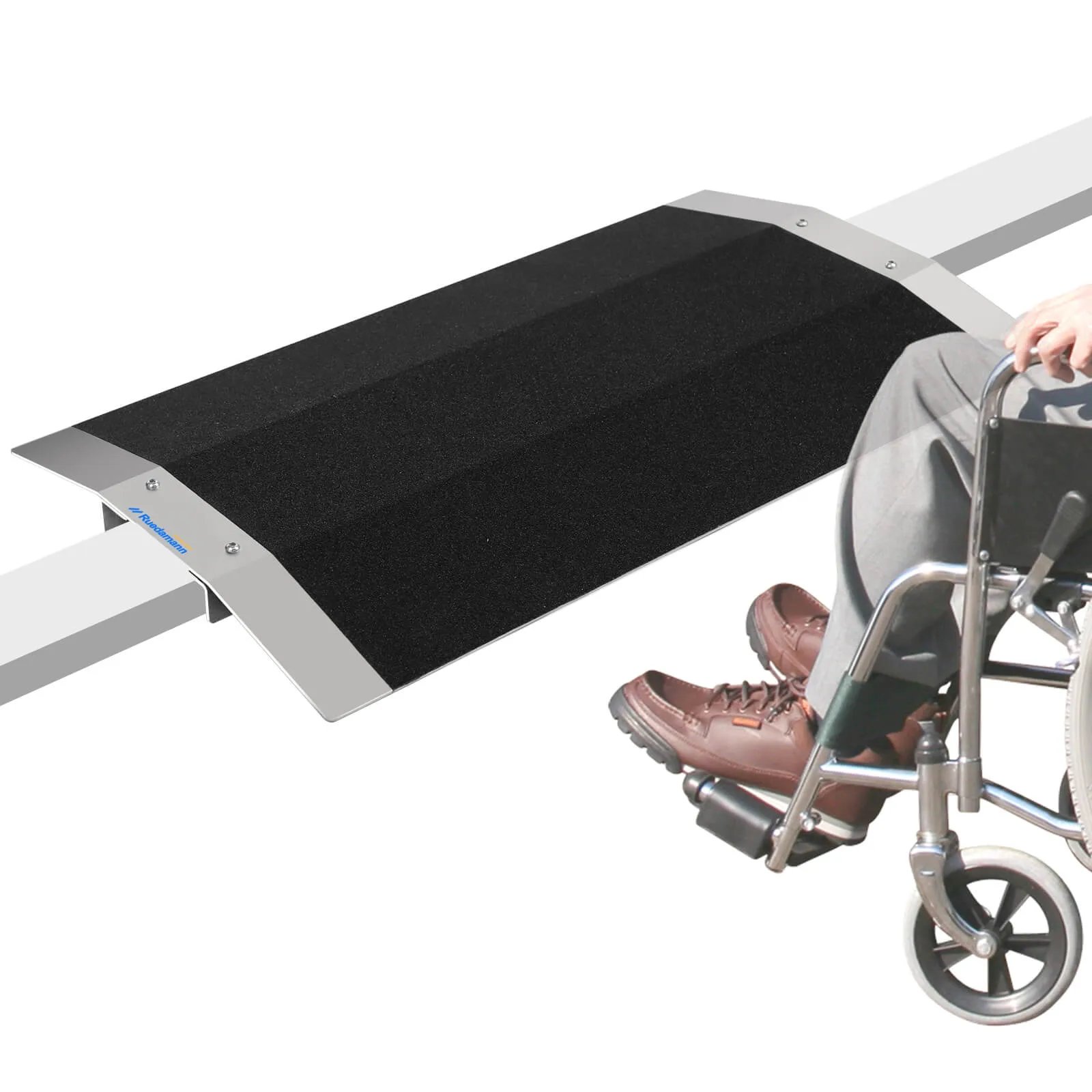 Ruedamann®   27.6" W x 1" H  Bridge Threshold Ramp with Supporting Frame Non-Slip Wheelchair Ramp