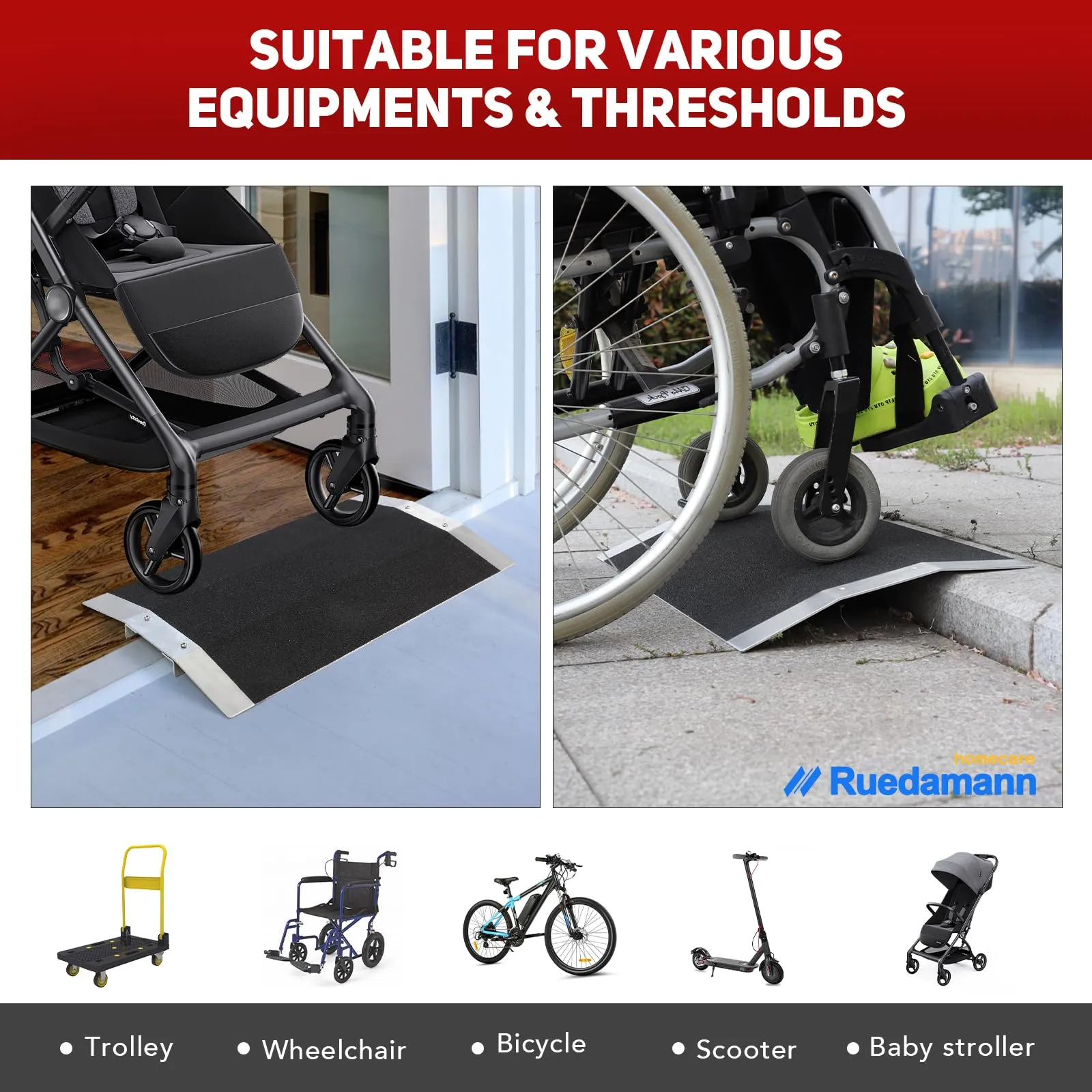 Ruedamann®   27.6" W x 1" H  Bridge Threshold Ramp with Supporting Frame Non-Slip Wheelchair Ramp