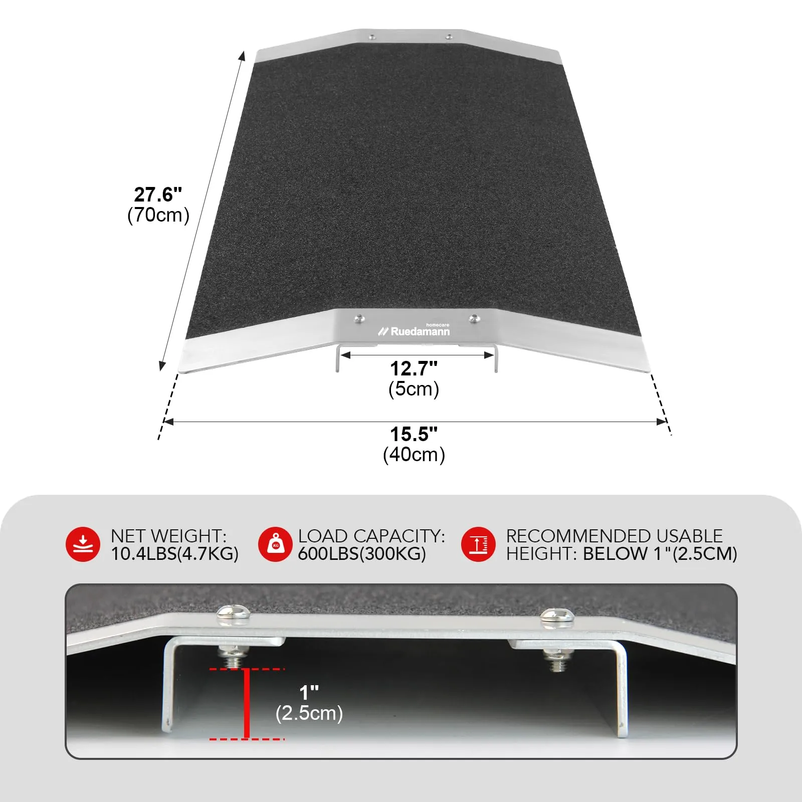 Ruedamann®   27.6" W x 1" H  Bridge Threshold Ramp with Supporting Frame Non-Slip Wheelchair Ramp