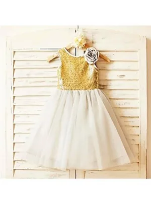 Sequin Tulle Princess Scoop Sleeveless Flower Girl Dresses Tea Length Dress