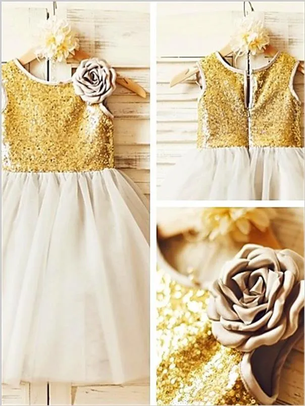 Sequin Tulle Princess Scoop Sleeveless Flower Girl Dresses Tea Length Dress