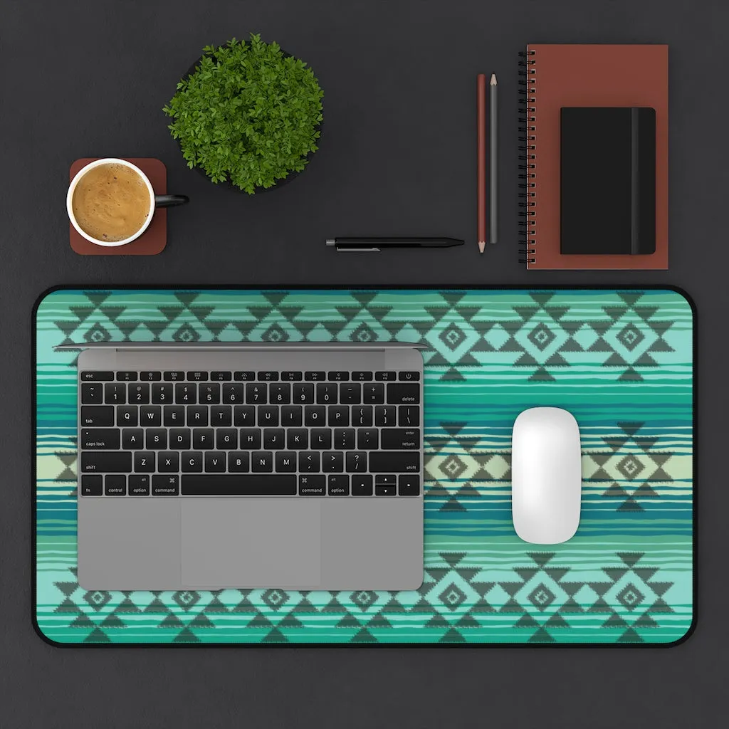 Serape Style Turquoise and Tan Desk Mat With Tribal Design Overlay Large