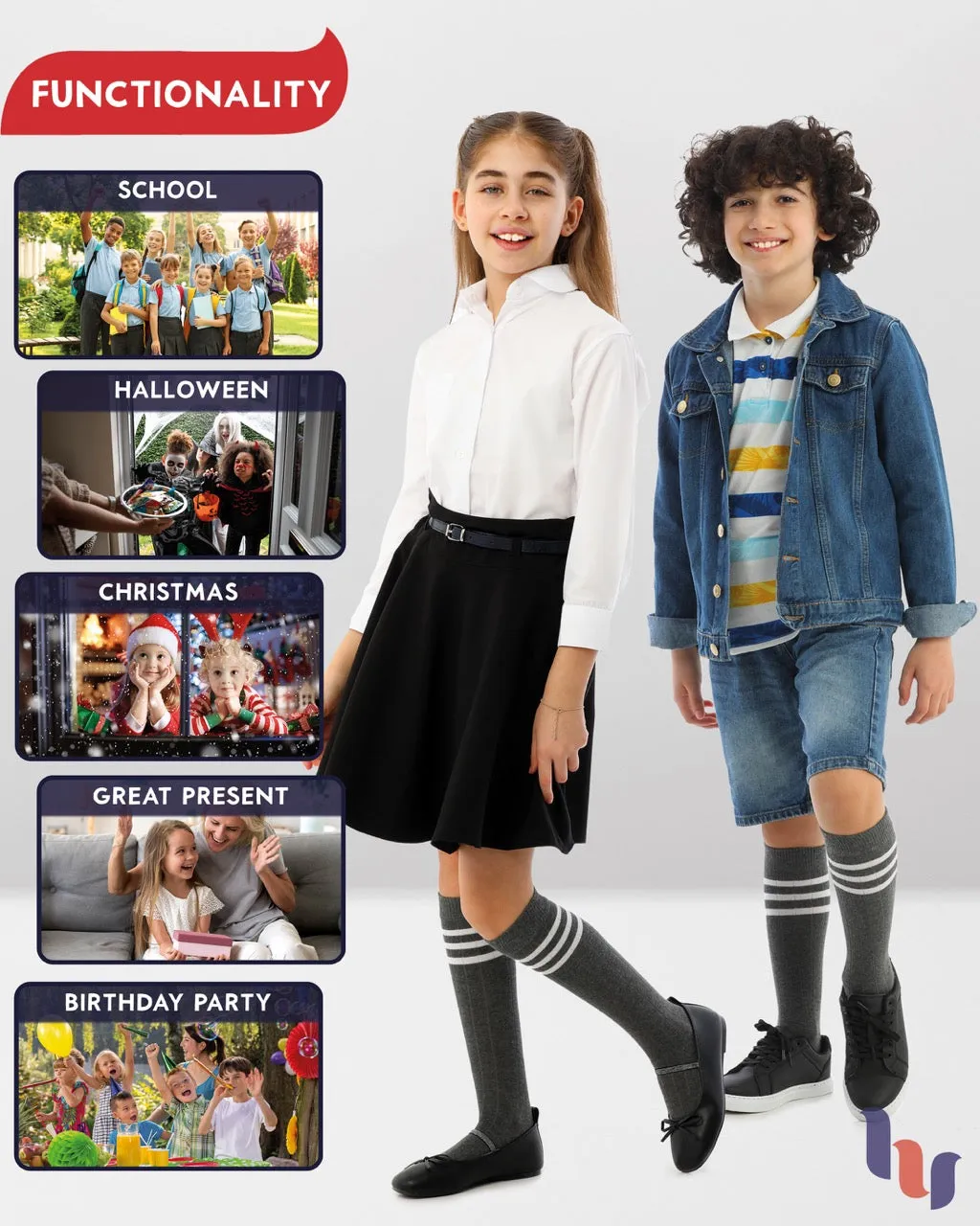 Striped Cotton Kids' Knee-High Dress Socks, 4 Pairs