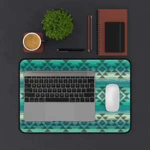 Turquoise and Tan Serape Style Desk Mat With White Tribal Design Overlay Ethnic Pattern