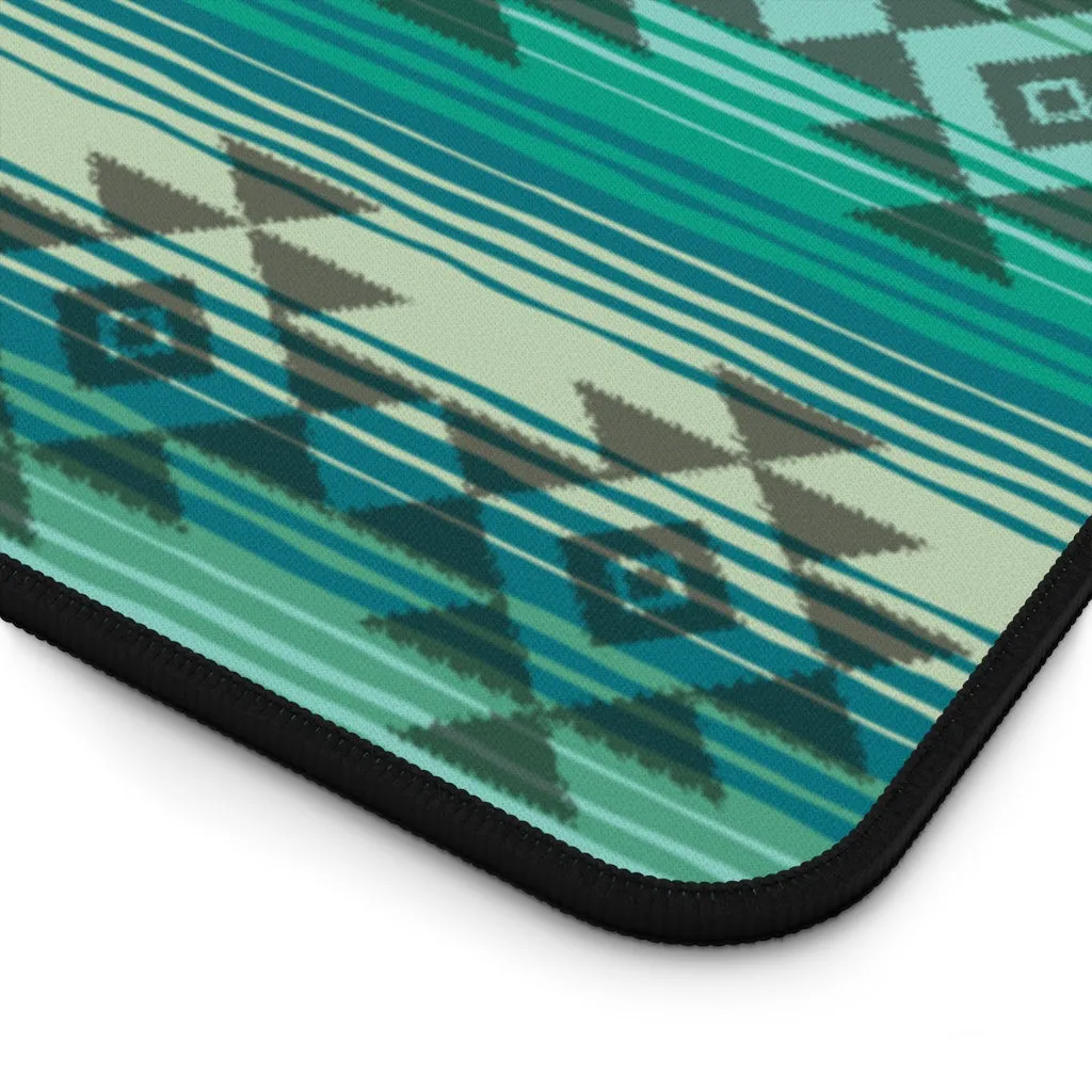 Turquoise and Tan Serape Style Desk Mat With White Tribal Design Overlay Ethnic Pattern