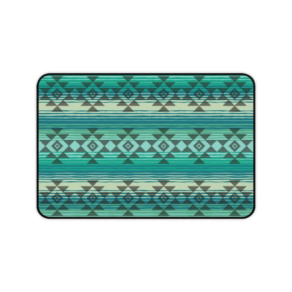 Turquoise and Tan Serape Style Desk Mat With White Tribal Design Overlay Ethnic Pattern