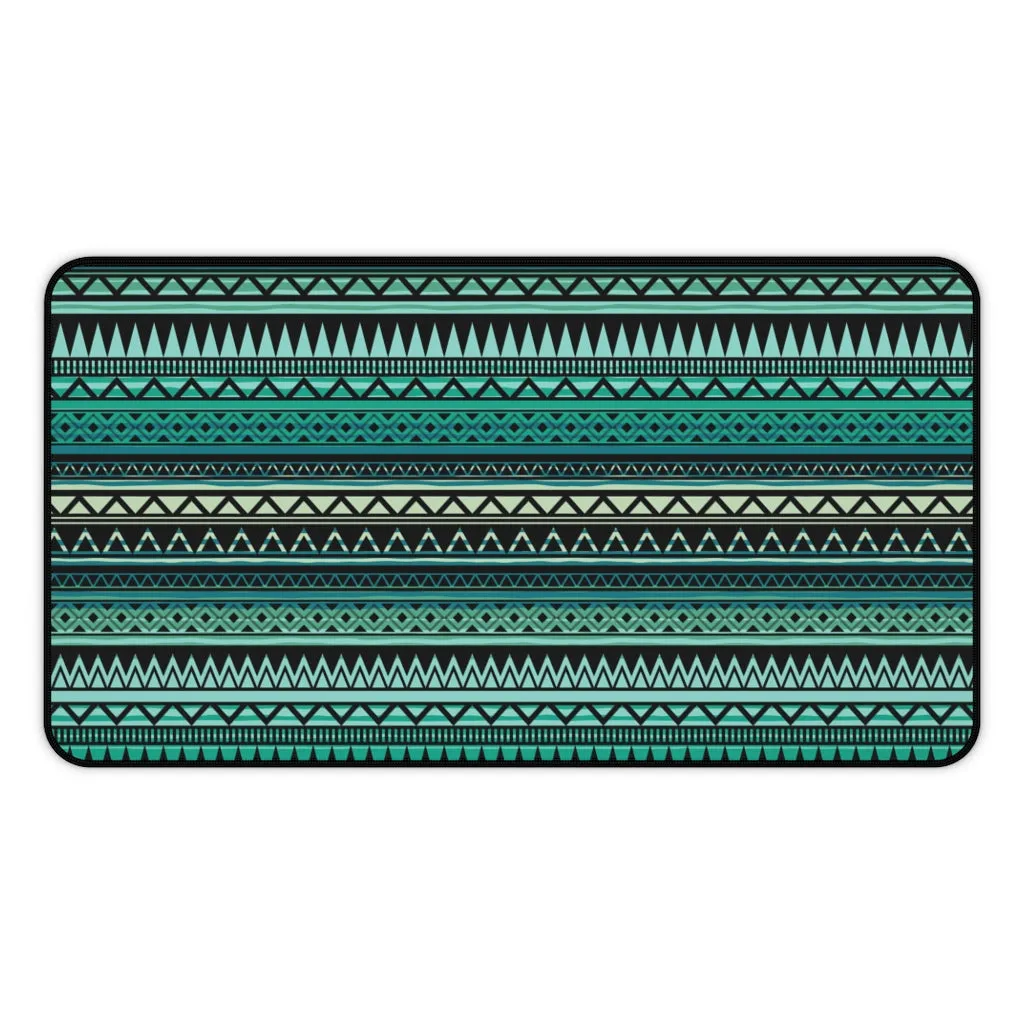 Turquoise, Tan and Black Ethnic Pattern Desk Mat Large