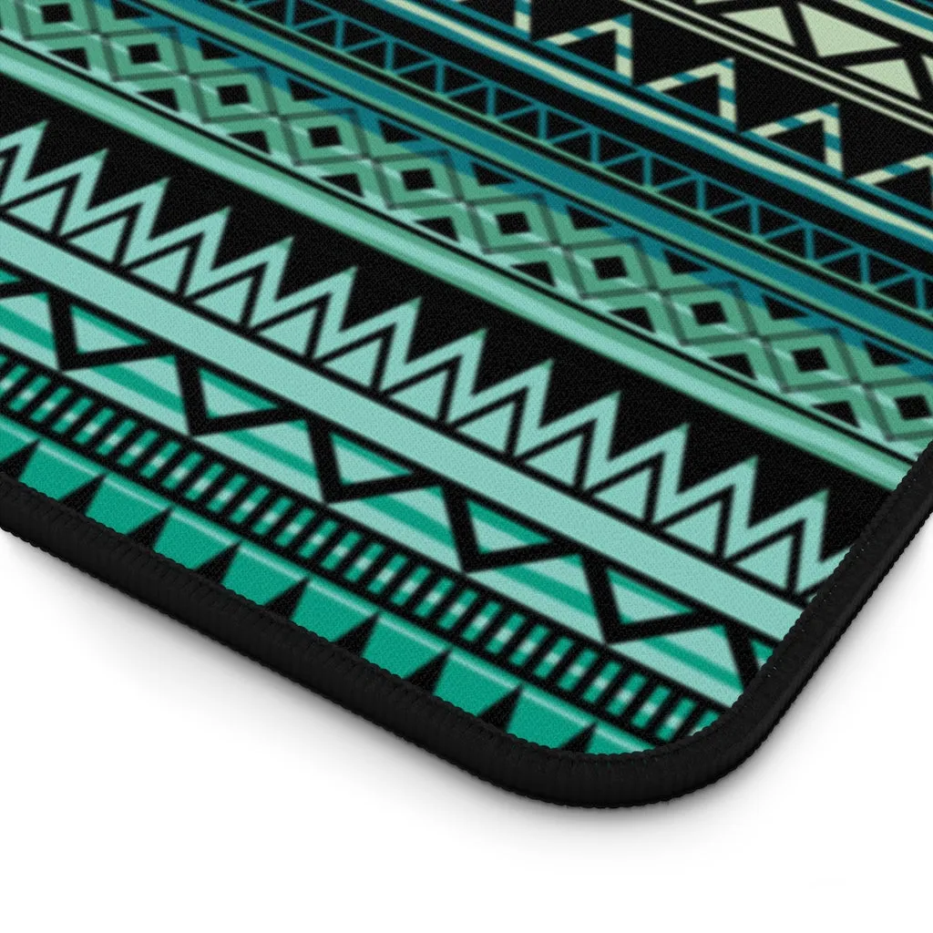 Turquoise, Tan and Black Ethnic Pattern Desk Mat Large