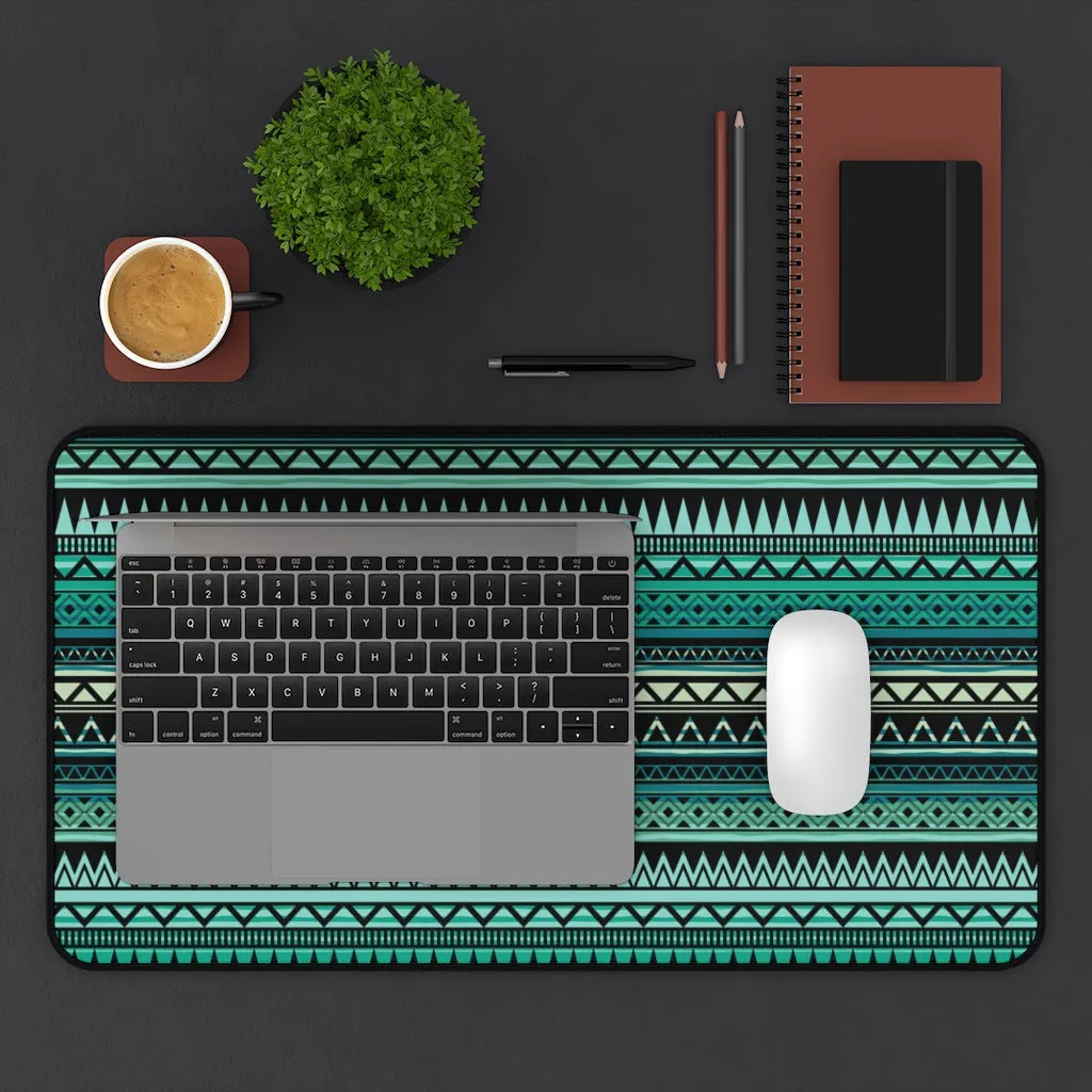 Turquoise, Tan and Black Ethnic Pattern Desk Mat Large
