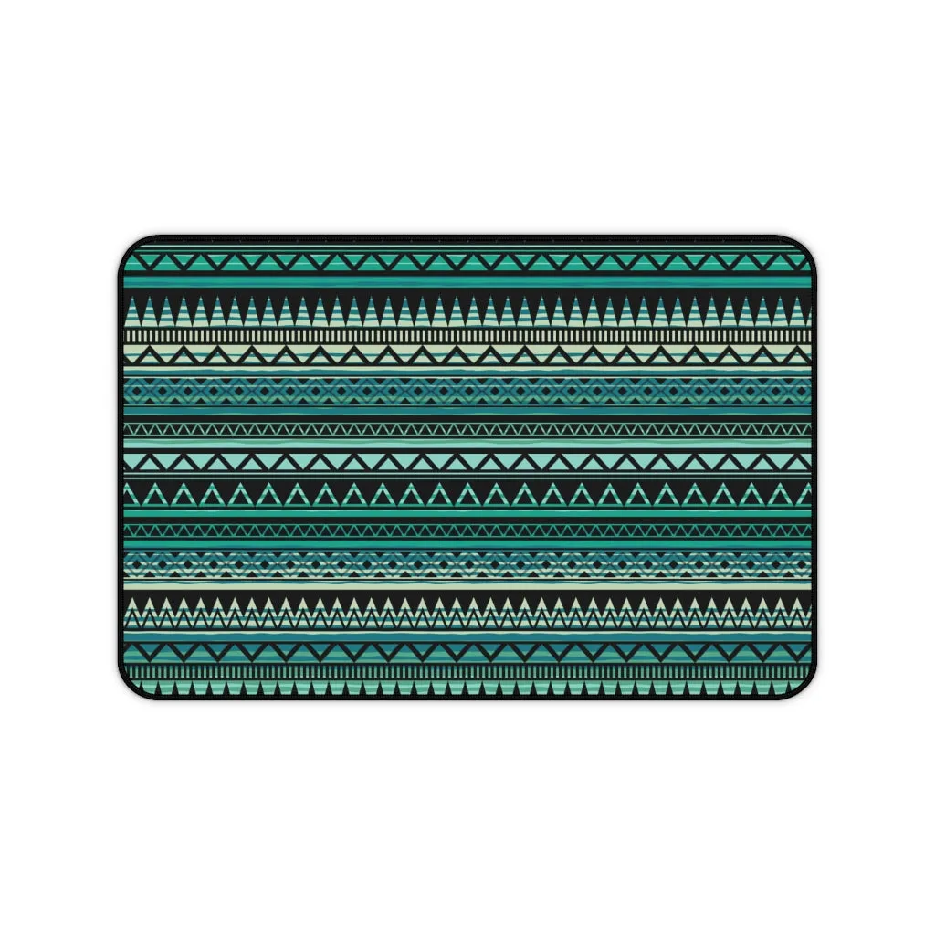 Turquoise, Tan and Black Ethnic Style Pattern Desk Mat