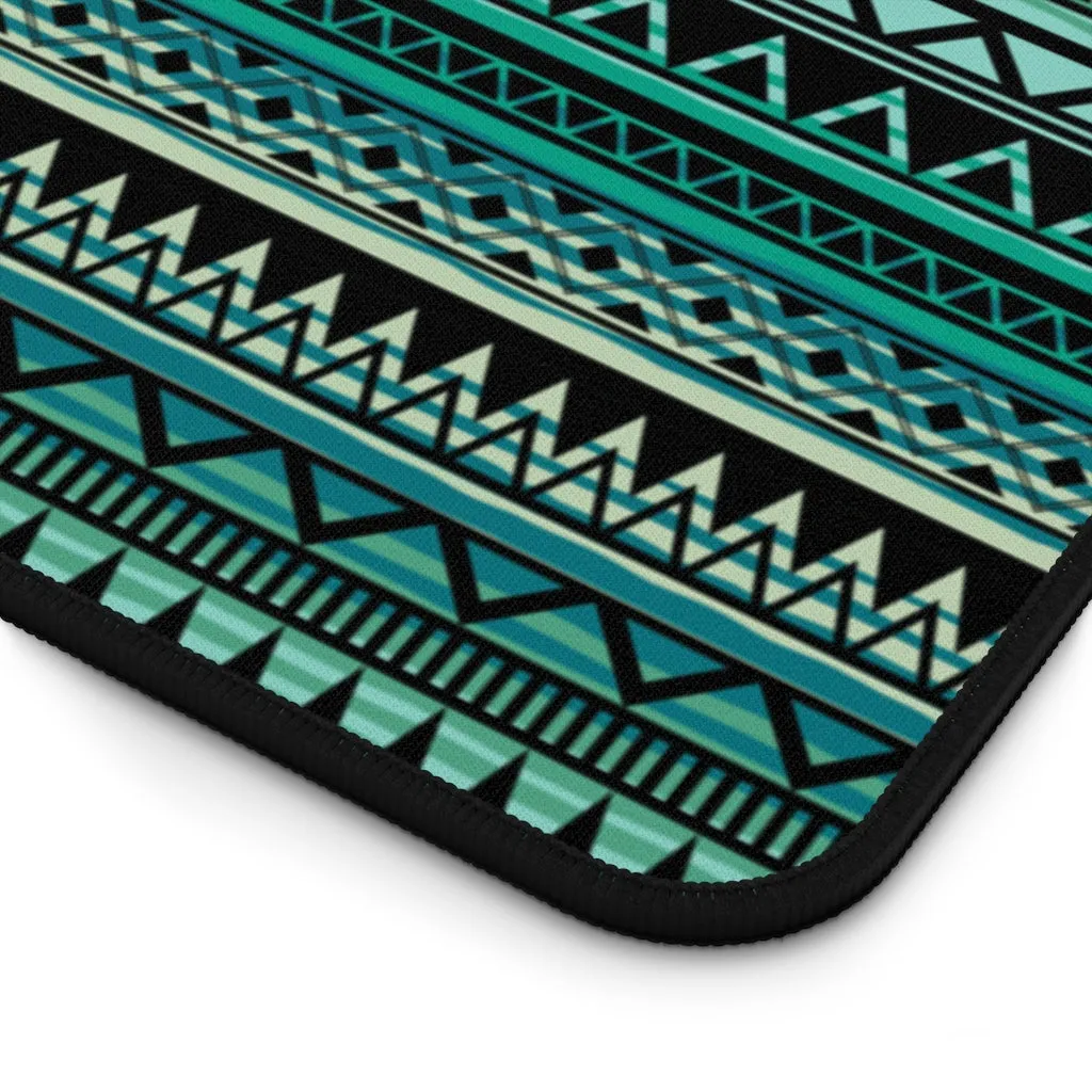 Turquoise, Tan and Black Ethnic Style Pattern Desk Mat