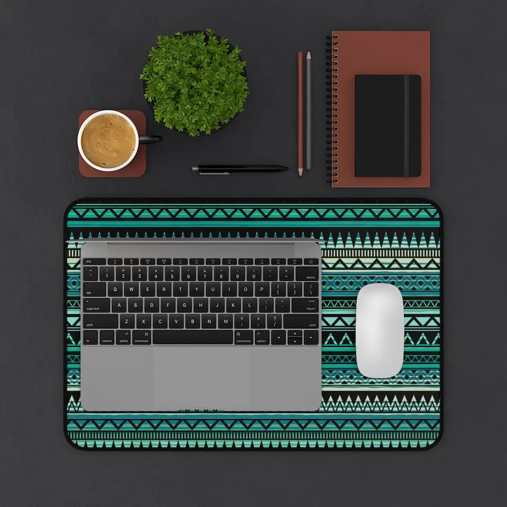 Turquoise, Tan and Black Ethnic Style Pattern Desk Mat