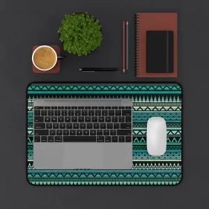 Turquoise, Tan and Black Ethnic Style Pattern Desk Mat
