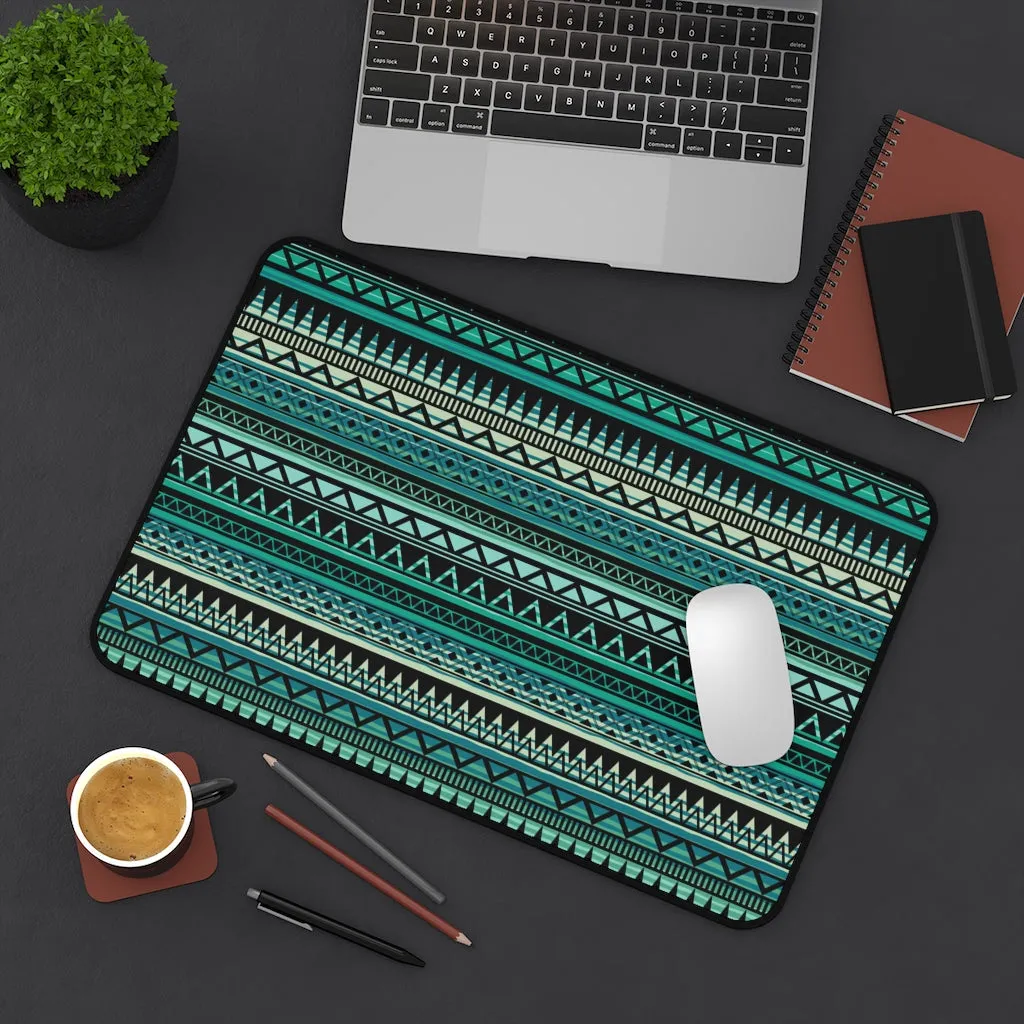 Turquoise, Tan and Black Ethnic Style Pattern Desk Mat