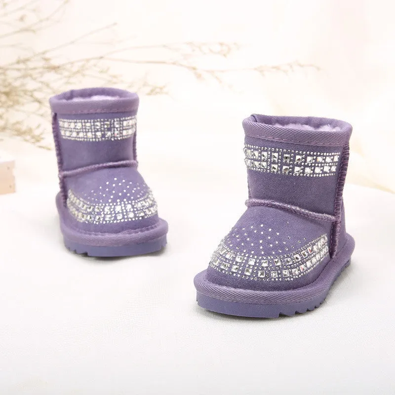 Winter Fashion Children Snow Boots rhinestone Kids Leather Boots Warm Shoes With Fur Princess Baby Girls Ankle Boots