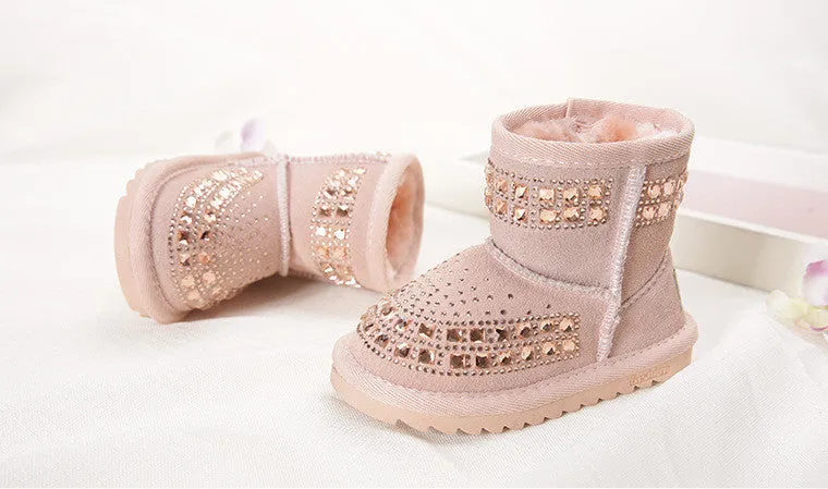 Winter Fashion Children Snow Boots rhinestone Kids Leather Boots Warm Shoes With Fur Princess Baby Girls Ankle Boots