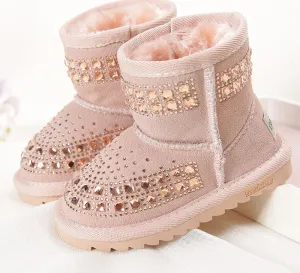 Winter Fashion Children Snow Boots rhinestone Kids Leather Boots Warm Shoes With Fur Princess Baby Girls Ankle Boots