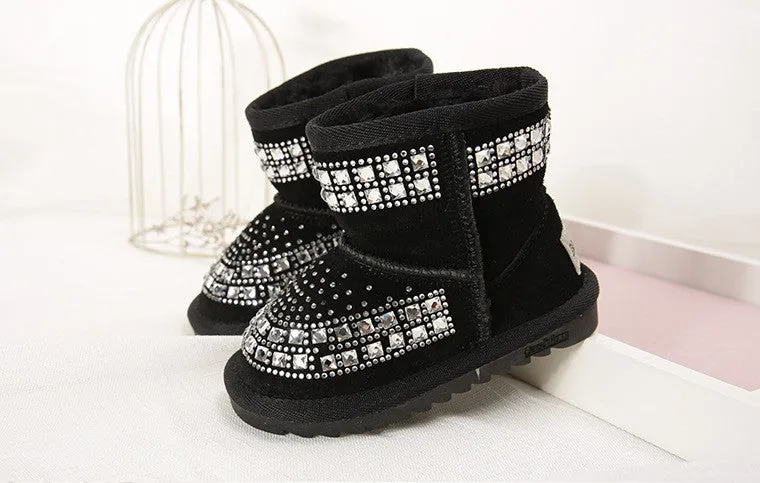 Winter Fashion Children Snow Boots rhinestone Kids Leather Boots Warm Shoes With Fur Princess Baby Girls Ankle Boots