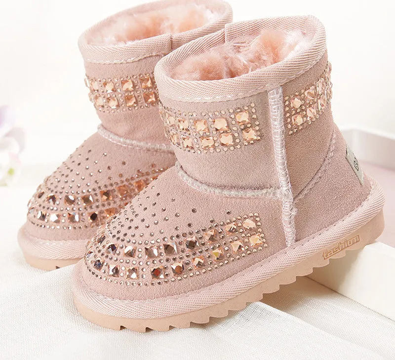 Winter Fashion Children Snow Boots rhinestone Kids Leather Boots Warm Shoes With Fur Princess Baby Girls Ankle Boots