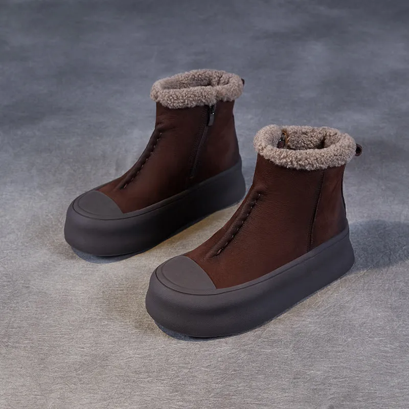 Women Retro Solid Leather Ankle Snow Boots