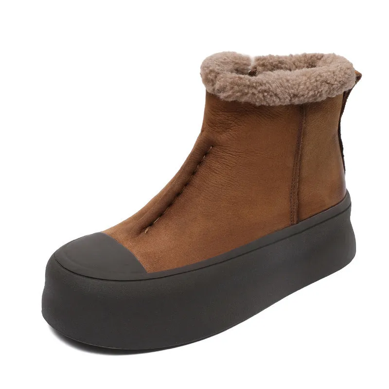 Women Retro Solid Leather Ankle Snow Boots