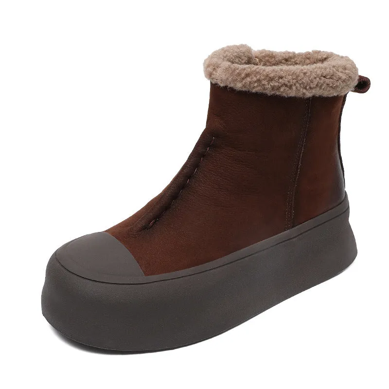 Women Retro Solid Leather Ankle Snow Boots