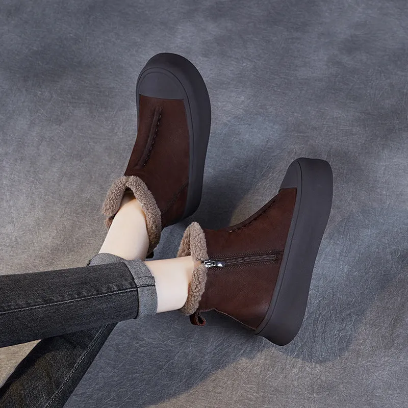 Women Retro Solid Leather Ankle Snow Boots
