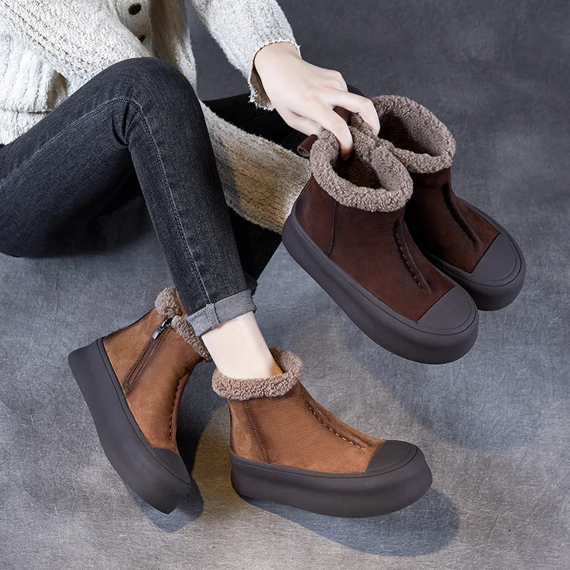 Women Retro Solid Leather Ankle Snow Boots