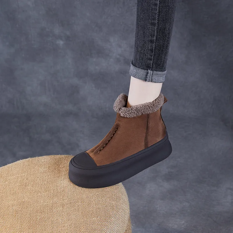 Women Retro Solid Leather Ankle Snow Boots