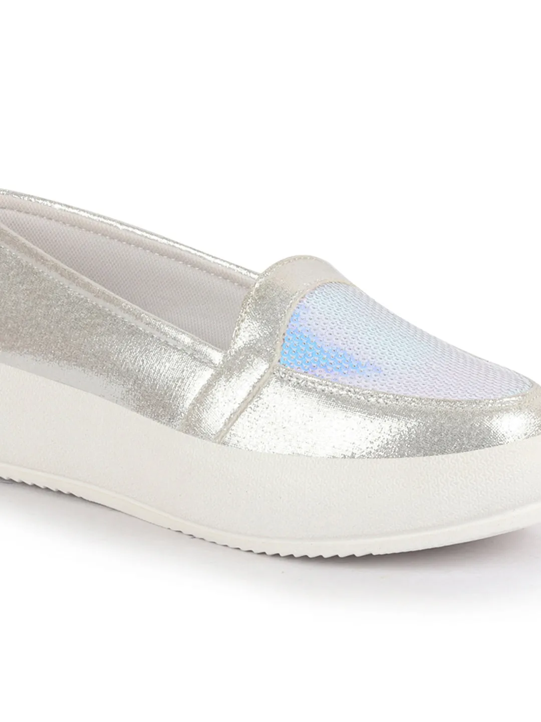 Women Silver Embellished Slip On Ballerina | Sequin Panel Platform Loafers | Party Wedding Glitter Casual Sneaker Shoes | Memory Cusion Insole
