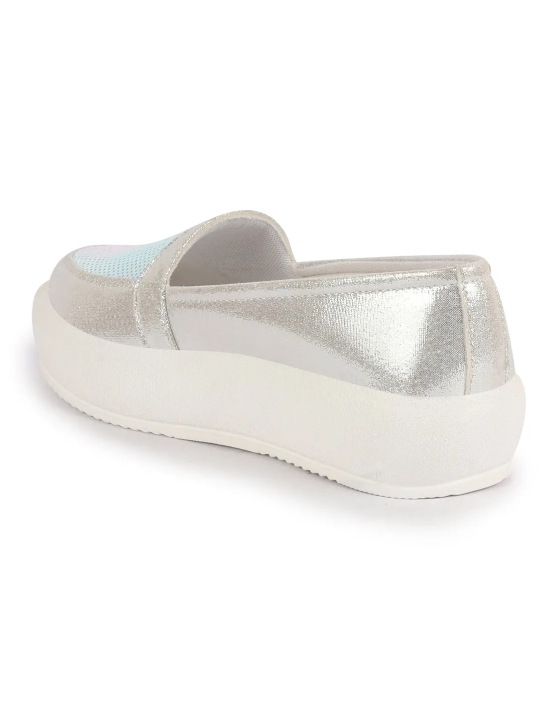 Women Silver Embellished Slip On Ballerina | Sequin Panel Platform Loafers | Party Wedding Glitter Casual Sneaker Shoes | Memory Cusion Insole