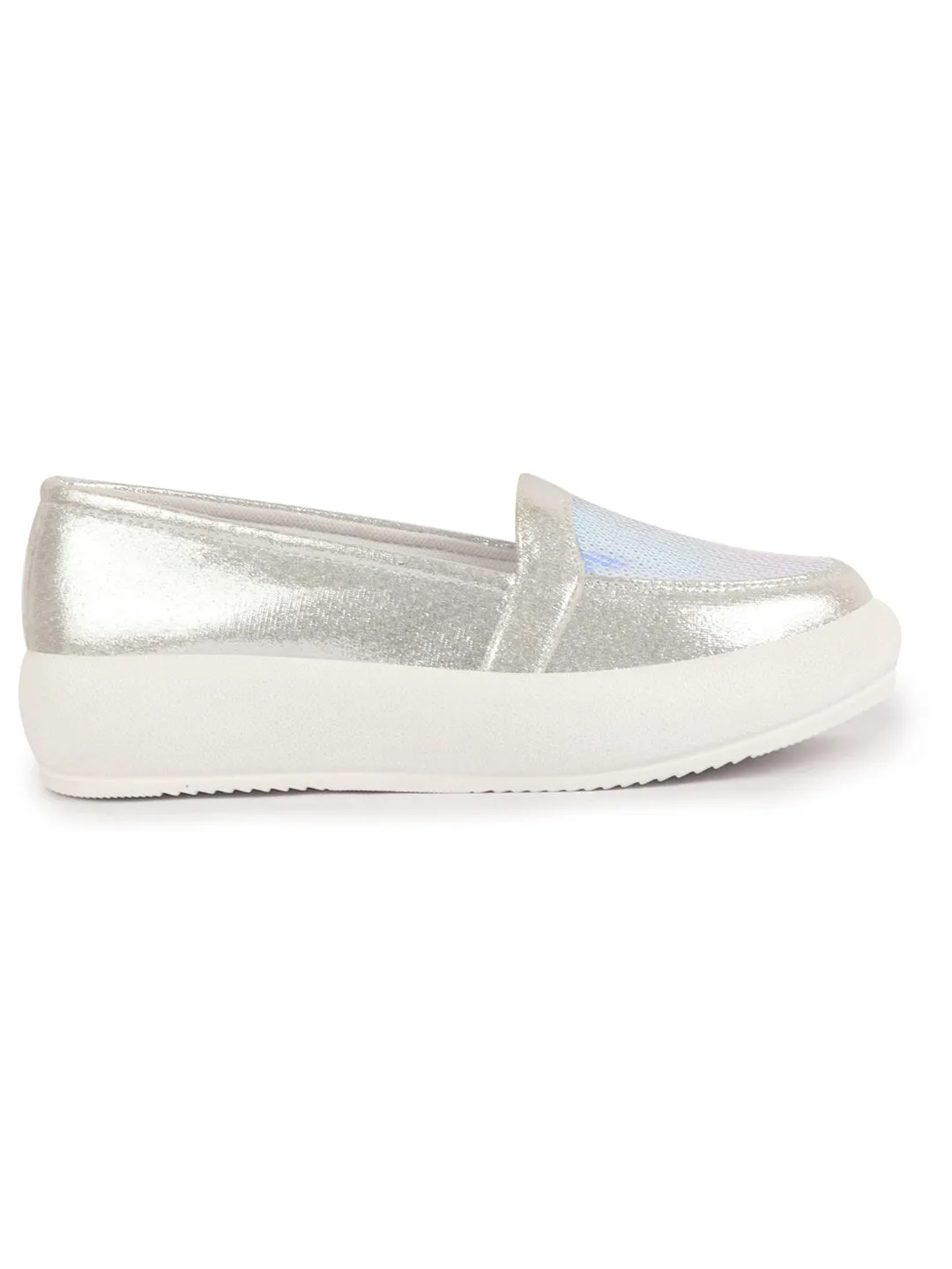 Women Silver Embellished Slip On Ballerina | Sequin Panel Platform Loafers | Party Wedding Glitter Casual Sneaker Shoes | Memory Cusion Insole
