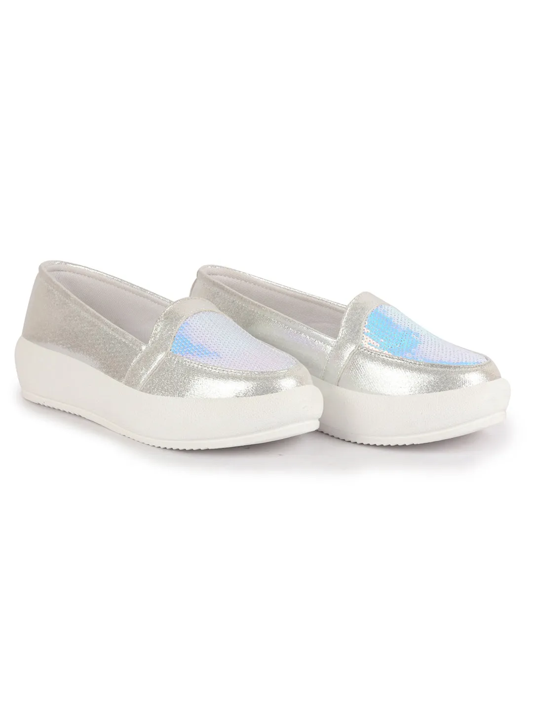Women Silver Embellished Slip On Ballerina | Sequin Panel Platform Loafers | Party Wedding Glitter Casual Sneaker Shoes | Memory Cusion Insole
