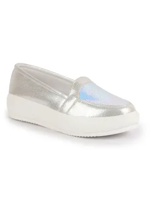 Women Silver Embellished Slip On Ballerina | Sequin Panel Platform Loafers | Party Wedding Glitter Casual Sneaker Shoes | Memory Cusion Insole
