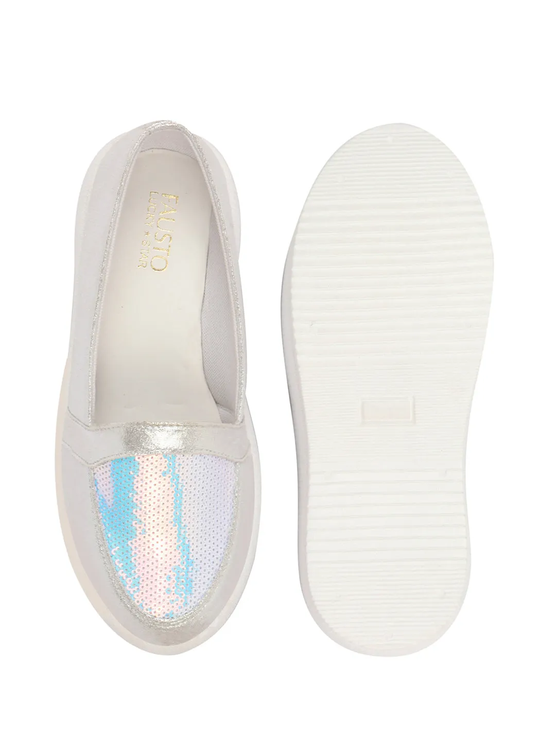 Women Silver Embellished Slip On Ballerina | Sequin Panel Platform Loafers | Party Wedding Glitter Casual Sneaker Shoes | Memory Cusion Insole