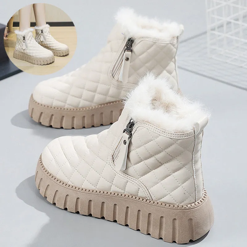 Women's Plaid Pattern Platform Ankle Boots Casual Side Zipper Plush Lined Snow Boots Winter Comfortable Short Boots