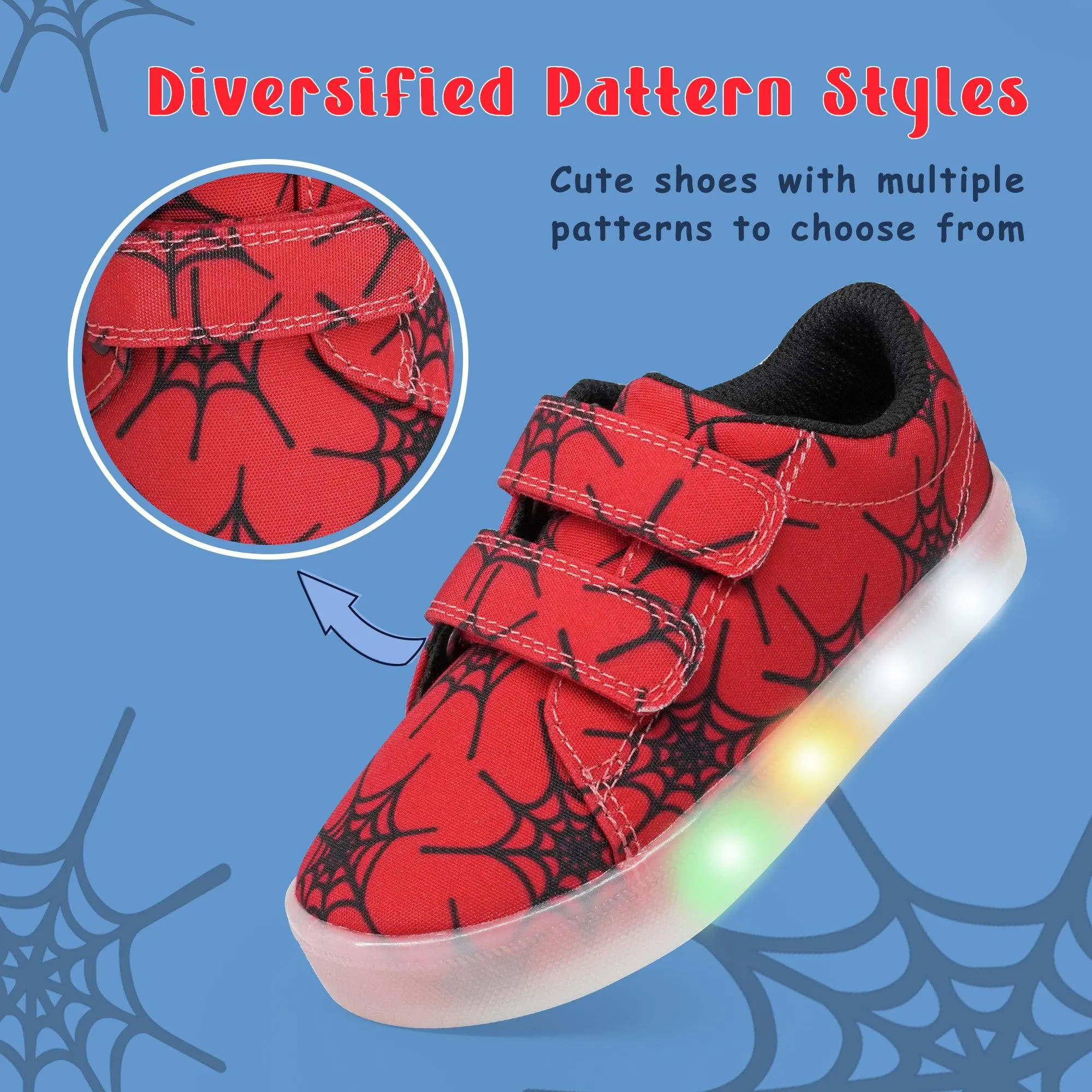 YESKIS Boys Luminous Shoes Vivaki LED Canvas Velcro Cartoon Casual Sports Shoes Red
