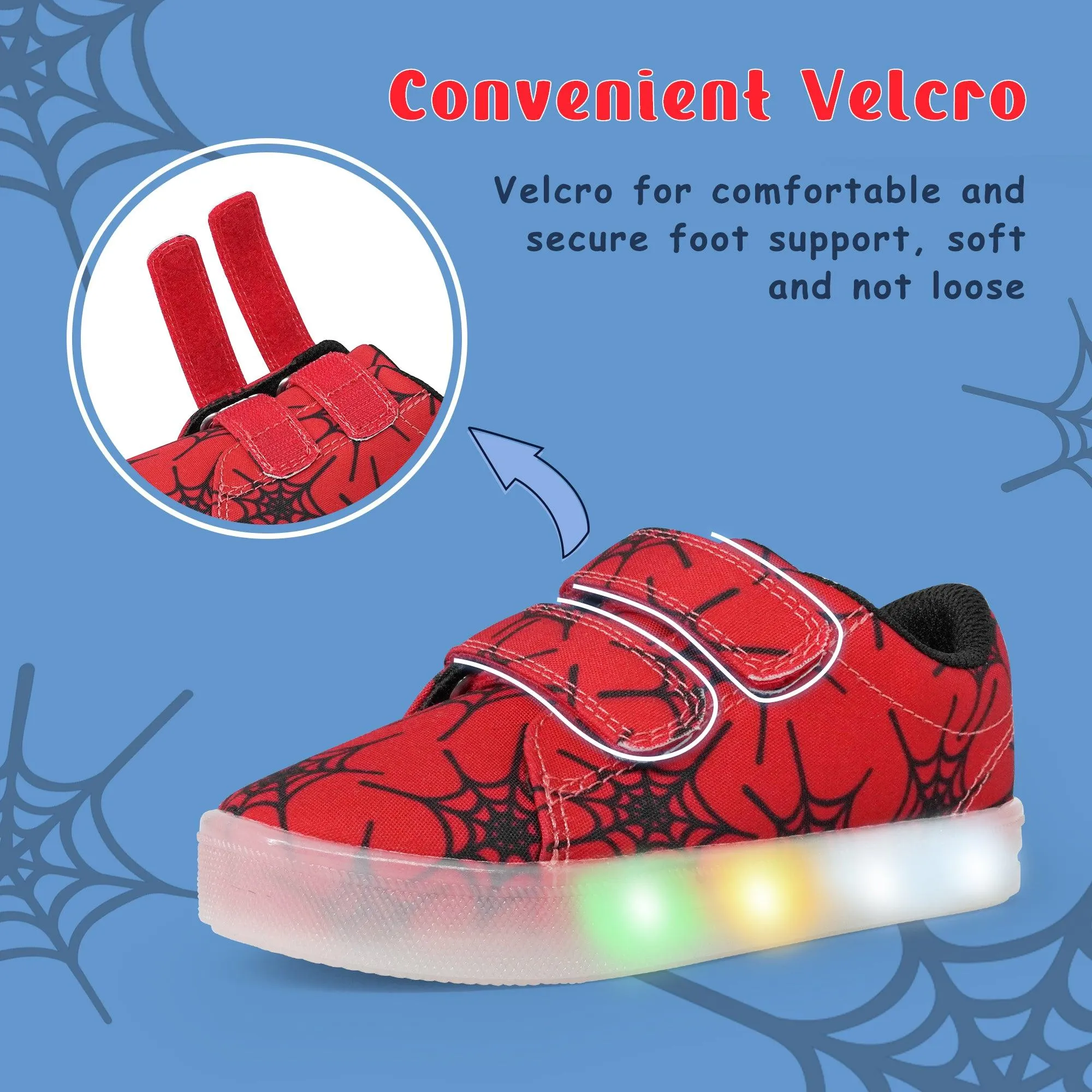 YESKIS Boys Luminous Shoes Vivaki LED Canvas Velcro Cartoon Casual Sports Shoes Red