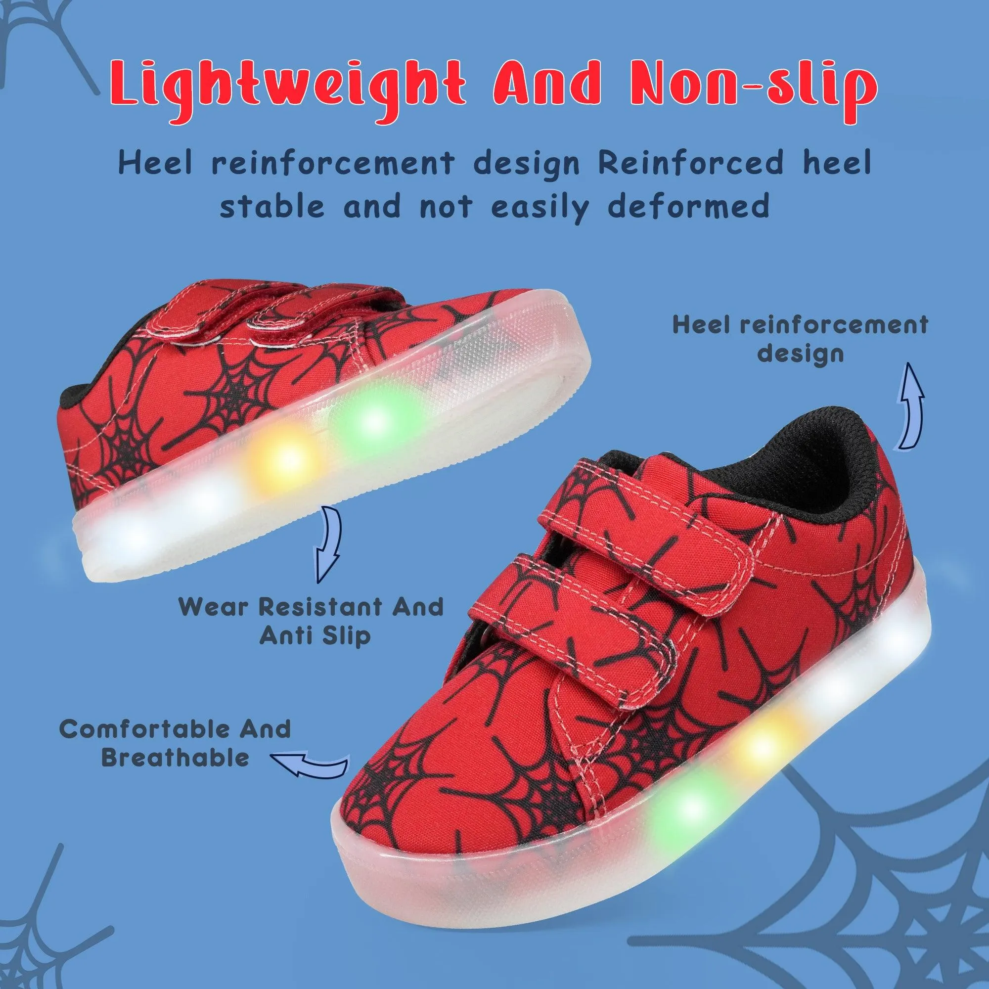 YESKIS Boys Luminous Shoes Vivaki LED Canvas Velcro Cartoon Casual Sports Shoes Red